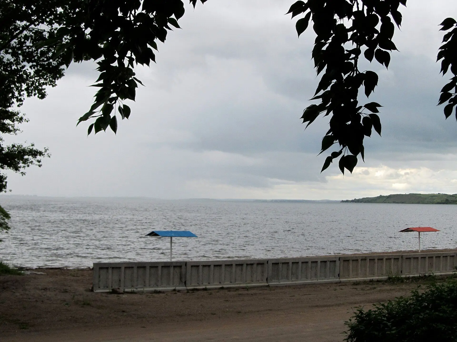 View of the lake and beach from under the trees